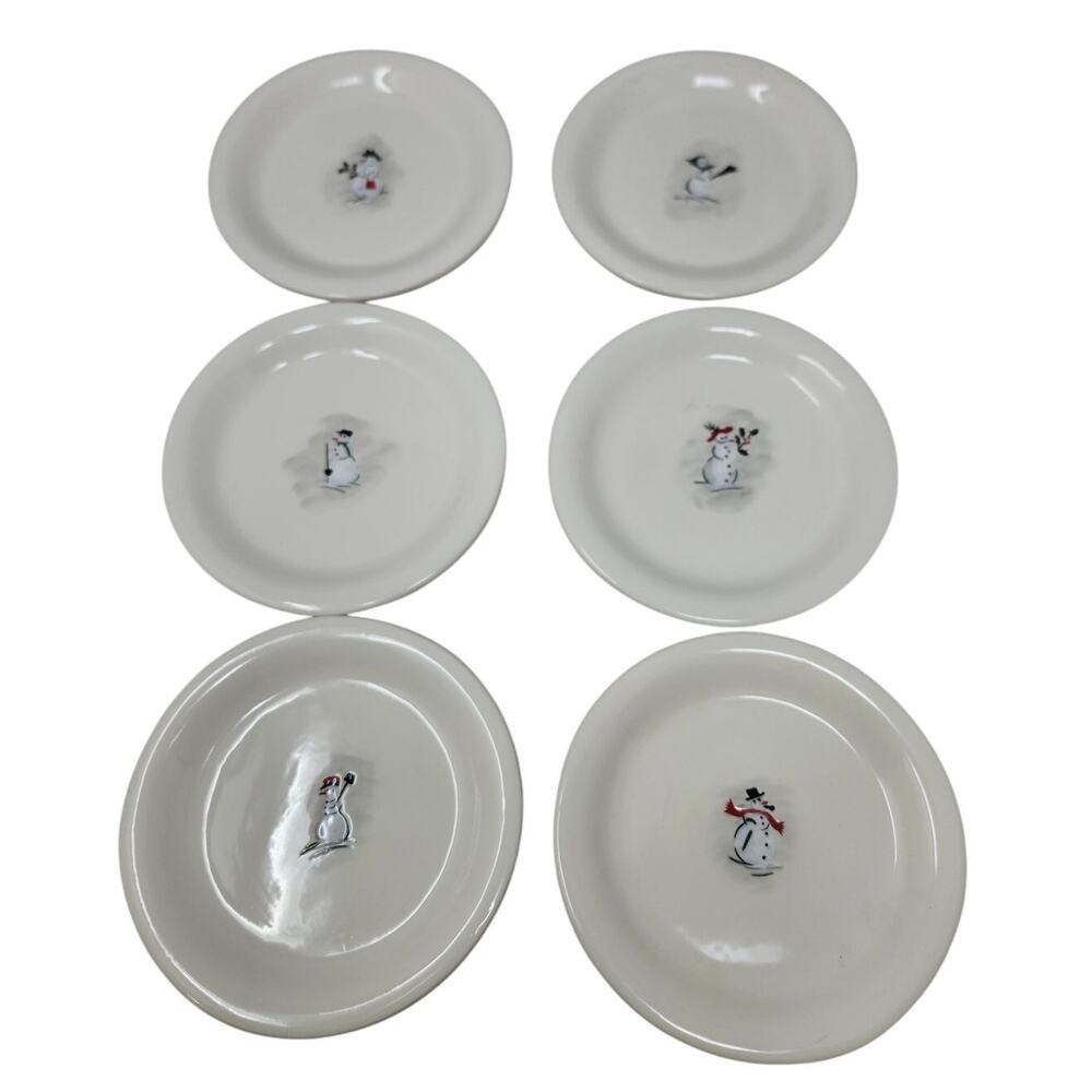 Set of 6 Williams Sonoma Snowman Dessert Plates Christmas Holiday Ceramic